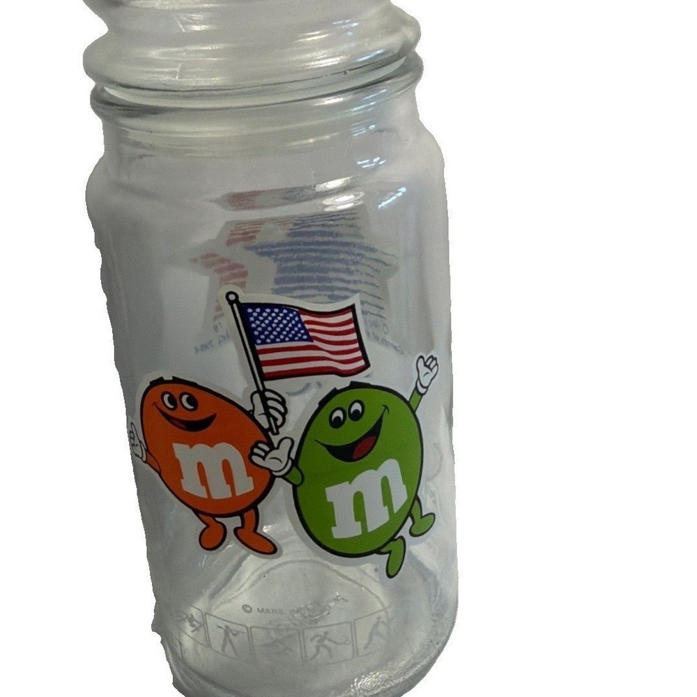 Vintage 1984 LA Olympics M&M's Glass Candy Jar Anchor Hocking‎ USA 7.5" Clear